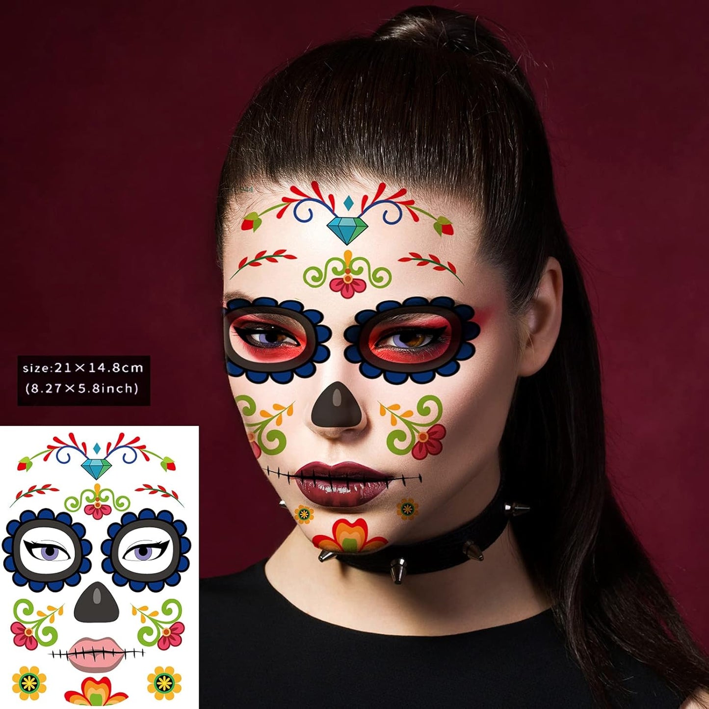 12 Sheets Halloween Face Tattoos - Day of the Dead Sugar Skull Designs | Large Temporary Tattoos