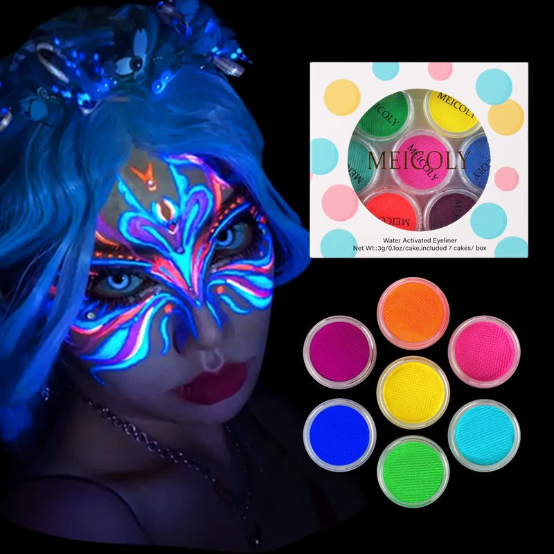 MEICOLY Water Activated Eyeliner, UV Reactive Hydra Eyeliner,7 Cakes Graphic Eye Liner for Adult and Kids, Glow Blacklight Fluorescent Neon Eyeliner for Rave Accessories for Women