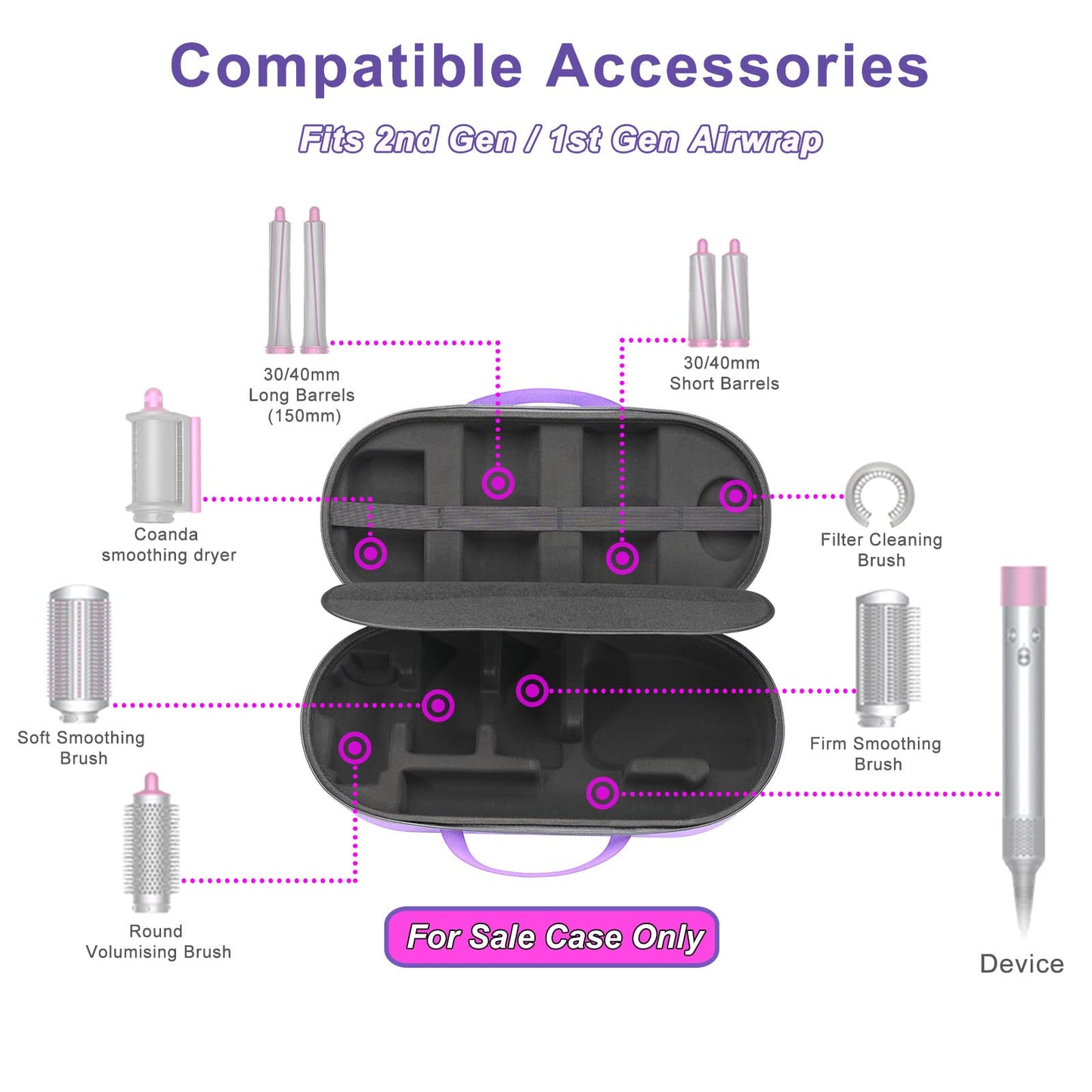 RLSOCO Hard Case for Dyson Airwrap Complete Long/Complete Styler HS08 HS05 HS01,NOT for Dyson Airwrap i.d. - Fits 4pcs Long Barrels or Short Barrels - Violet (Case Only,Hair Styler is not Included)