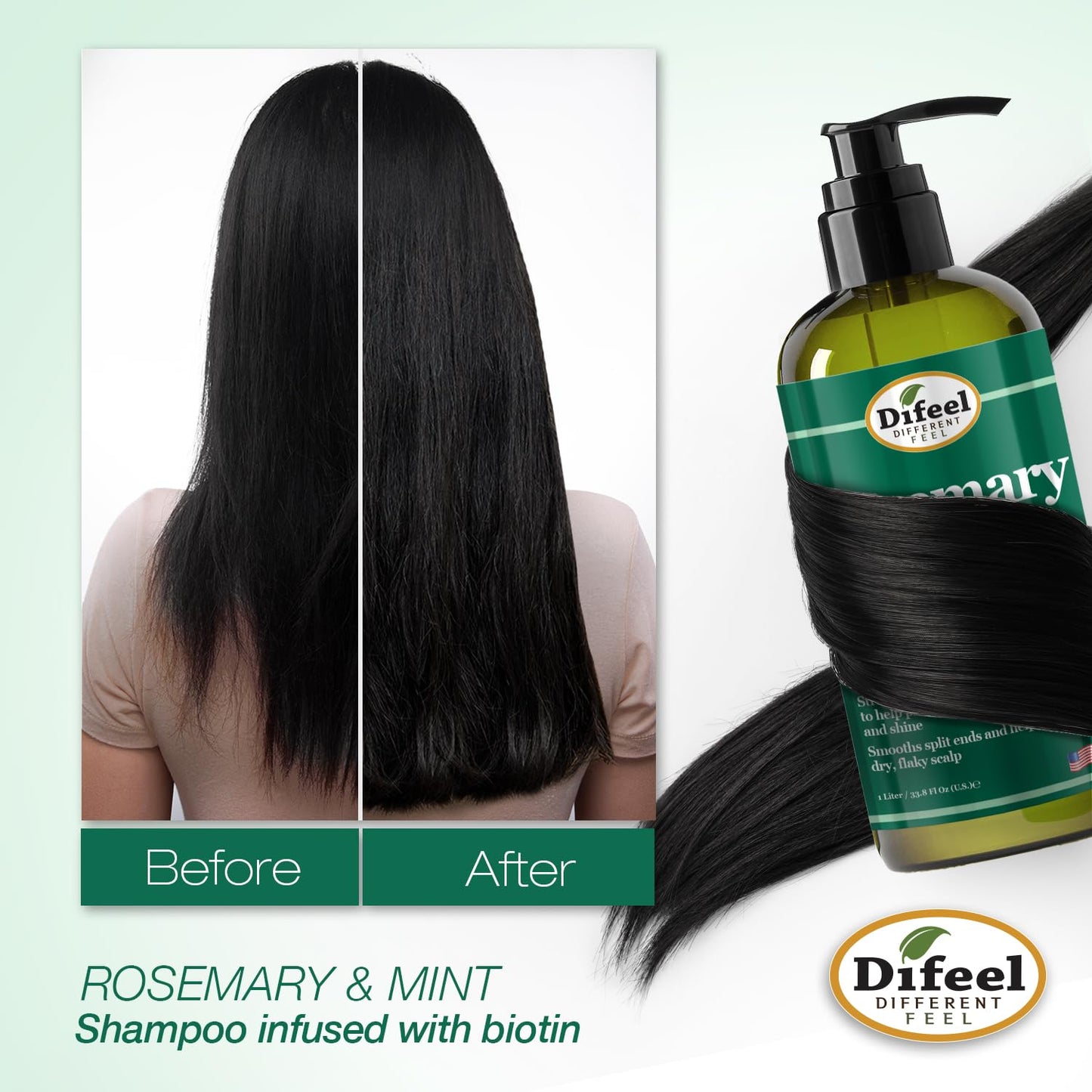 Difeel Rosemary Mint Strengthening Shampoo with Biotin 33.8 oz. - Made with Natural Rosemary Oil for Hair Growth