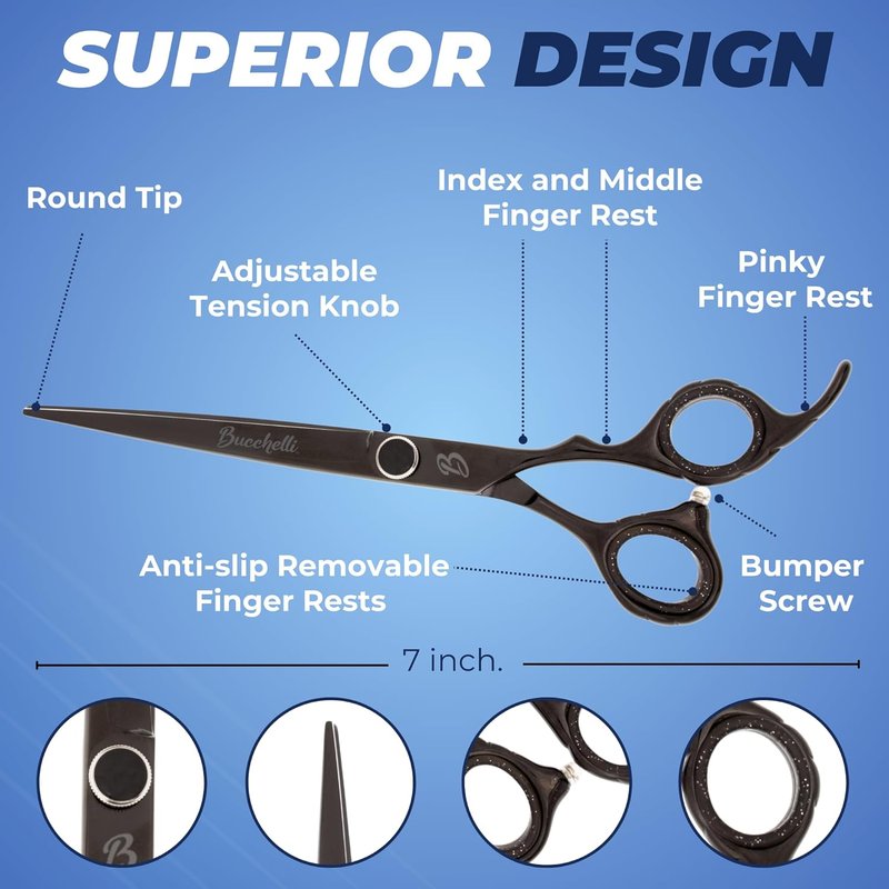 Professional 7-Inch Hair Cutting Scissors | Japanese 440A Barber Shears with Adjustable Tension Knob - Black Finish