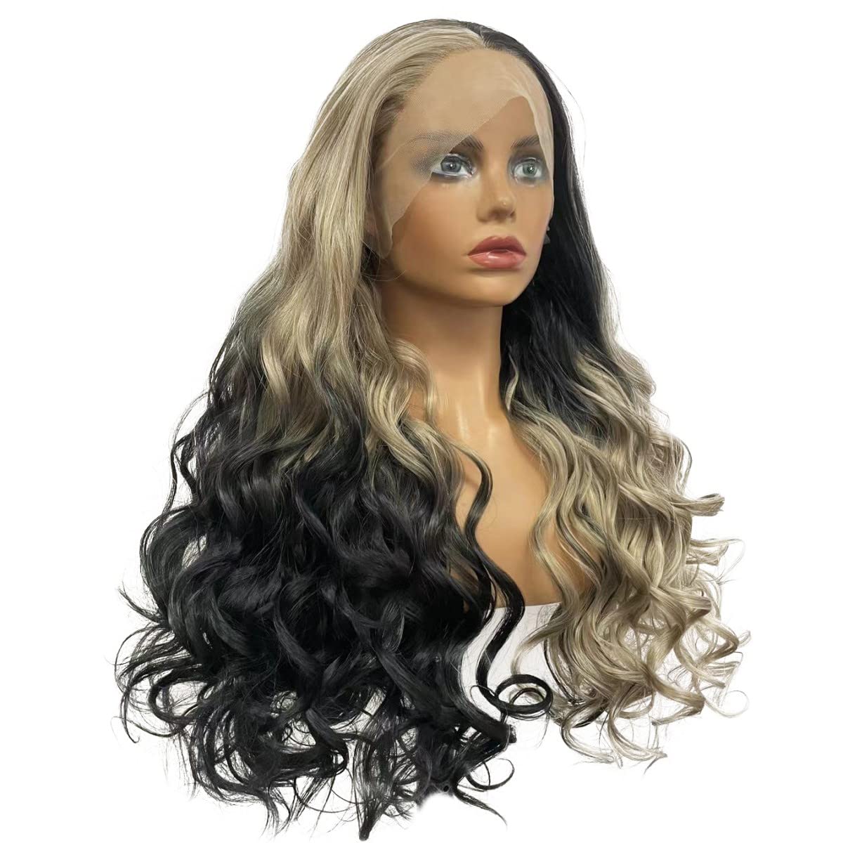 Peakia Long Wavy Blonde Black Ombre Natural Half Hand Tied Synthetic Lace Front Wig