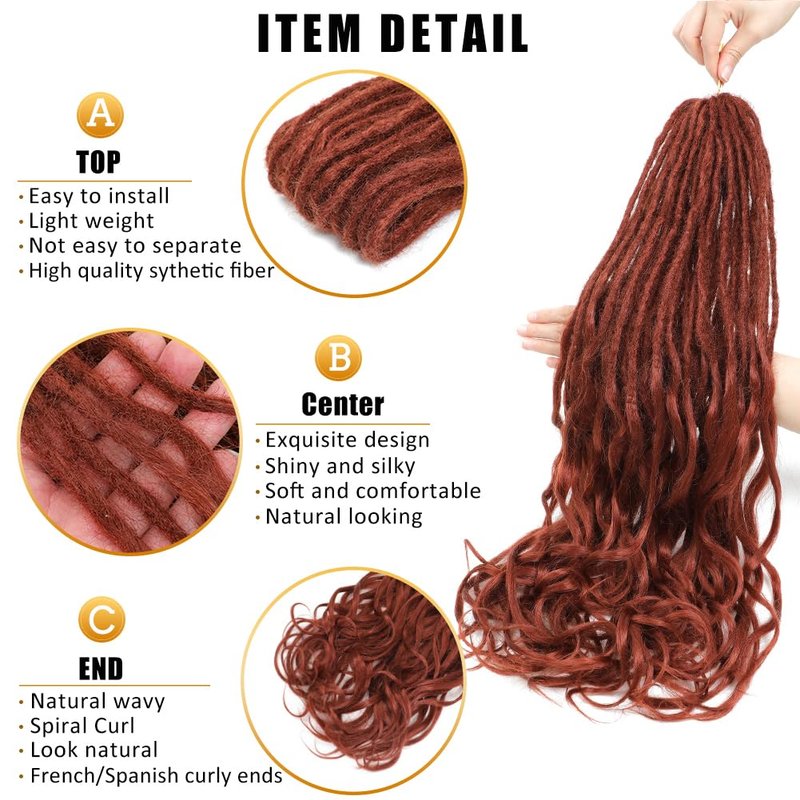 Aguacor Loose Wave Dreadlocks Synthetic French Curly Double Ended Dreadlock Extensions 24inches 30 Strands Thin Soft Red Brown Spanish Curly DE Dreadlock Extensions for Women (30 Strands, 350#)