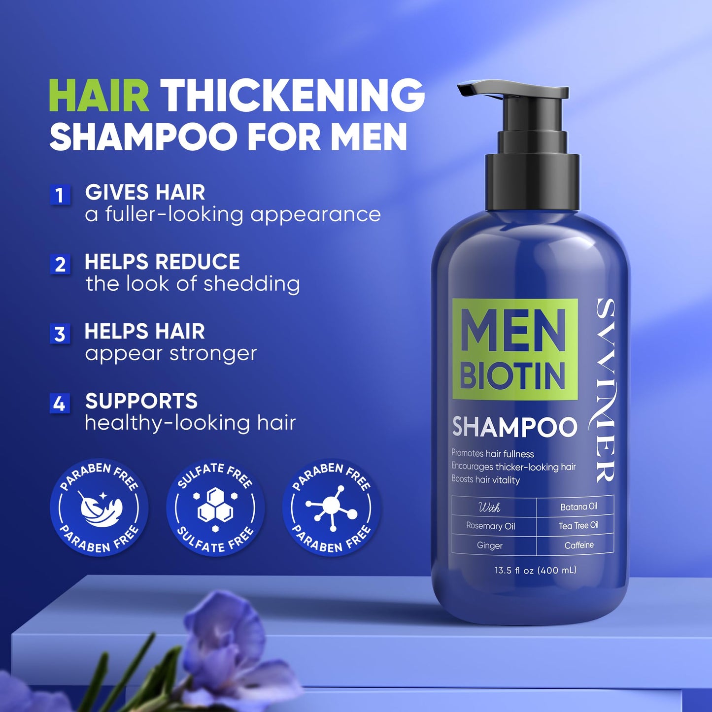 Svvimer Hair Growth Shampoo for Men - Biotin Thickening Shampoo with Rosemary Tea Tree Oil Caffeine for Hair Loss and Thinning - 13.5 Fl Oz (Pack of 1)