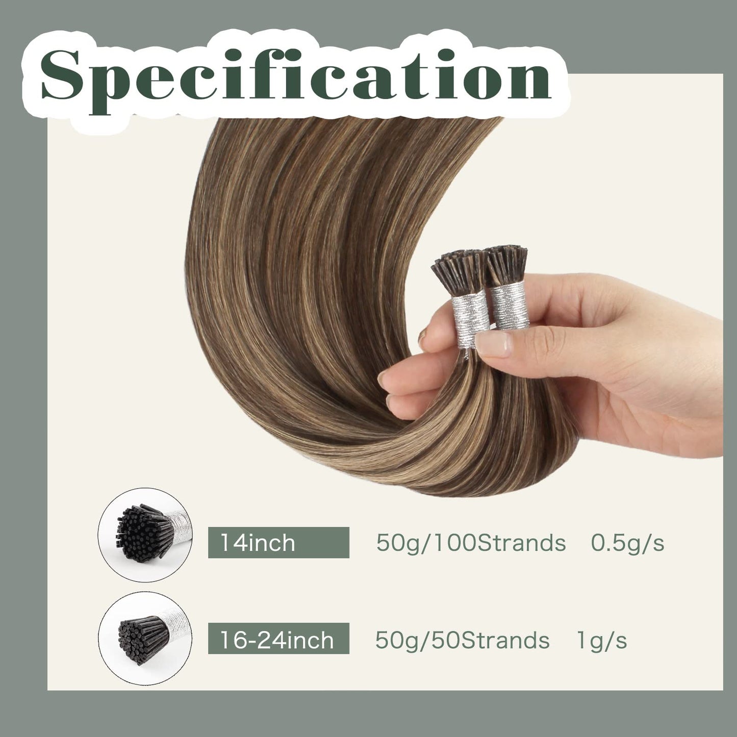 Sixstarhair Itip Hair Extensions Human Hair I Tip Extensions Chocolate Brown Highlighted Caramel Blonde Color 4/27 Cold Fusion Keratin Hair Extensions 14 Inch 50g/Pack 100Strands