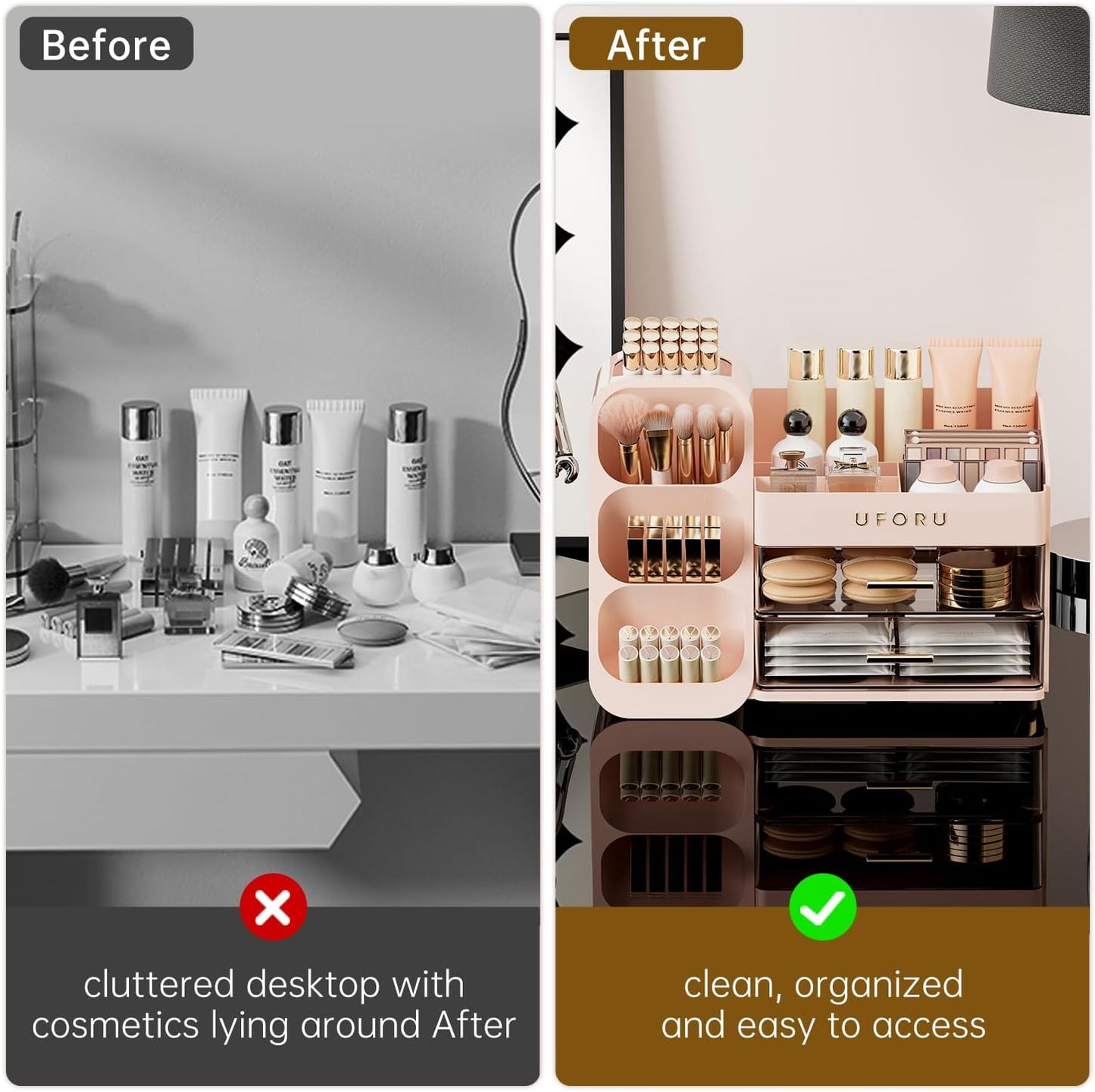 Makeup Organizer for Vanity - Large Capacity Skincare & Cosmetic Display Case with 2 Drawers | Brush Holder & Perfume Storage