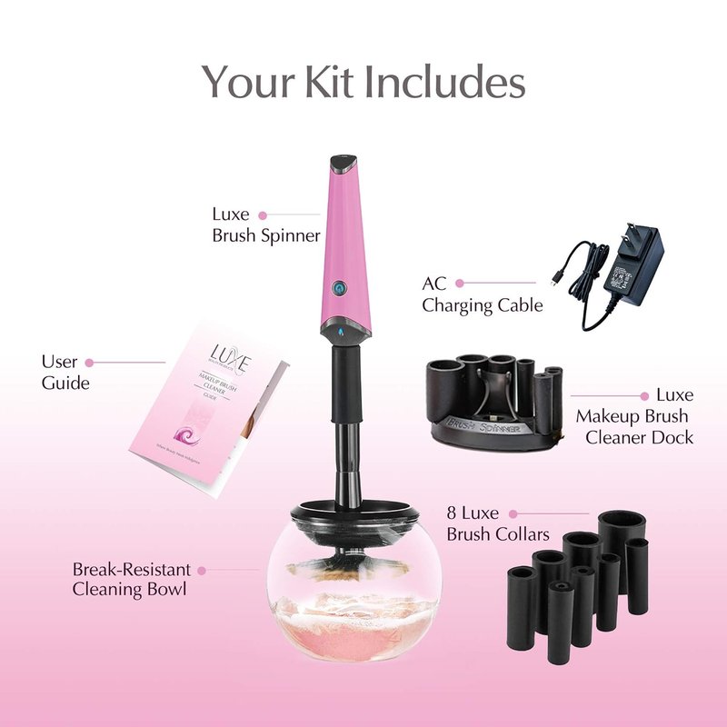 Electric Makeup Brush Cleaner - Luxe USB Charging Station with 3 Adjustable Speeds | Pink, Instant Wash & Dry