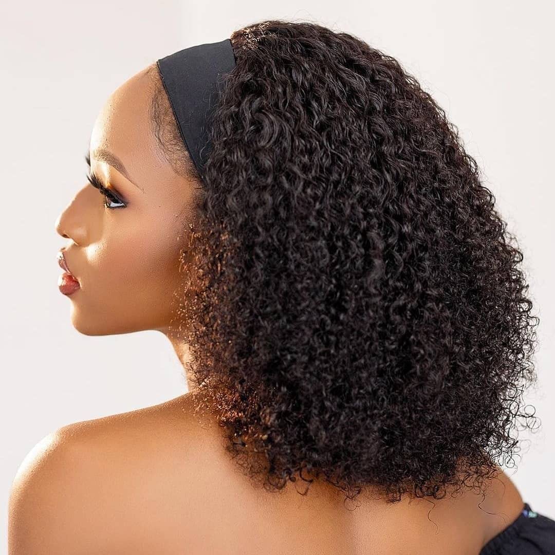 Pinketer Kinky Curly Headband Wig Human Hair 150% Density None Lace Front Glueless Wigs for Black Women 12 Inch Machine Made Half Wig Natural Black Color