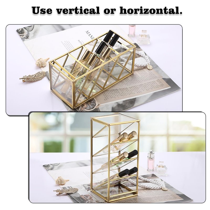 ELLDOO Rollerball Perfume Organizer, 4 Compartment Clear Glass Perfume Storage Holder Vintage Beauty Scent Holder, Metal Makeup Lipgloss Lipstick Display Case