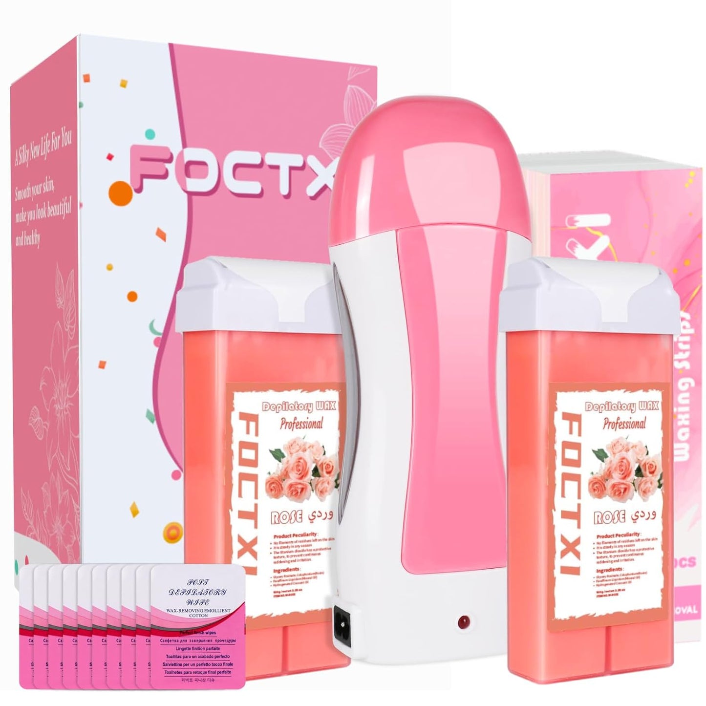 Hair Removal Kit - At-Home Waxing Set for Men & Women | 2 Rose Soft Wax Cartridges & 100 Non-Woven Strips - Pink