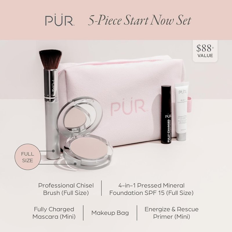 PÜR Minerals Multitasking Essentials Kit | 4-in-1 Primer, Mascara, Powder & Brush Set