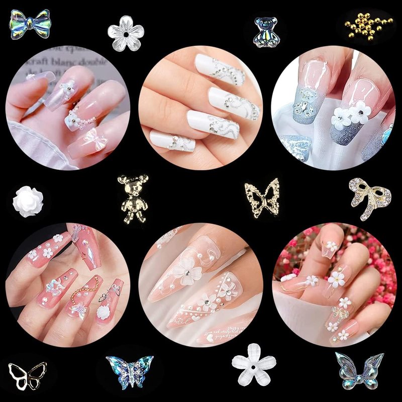 3D Flowers Nail Art Charms Kit - 400Pcs Acrylic Flowers & 1500Pcs AB Rhinestones | 200Pcs Butterflies & Bows for Creative Nail Designs