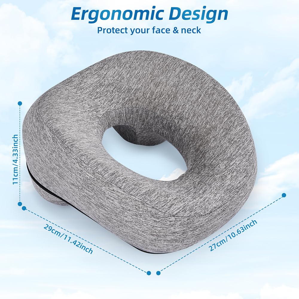 YOSHIKO Massage Table Face Down Pillows for Bed, Massage Headrest for Face Down Sleepers, Eye Surgery Recovery, Spa Pillow for Massage Table with Breathable Design, Removable Cover Grey