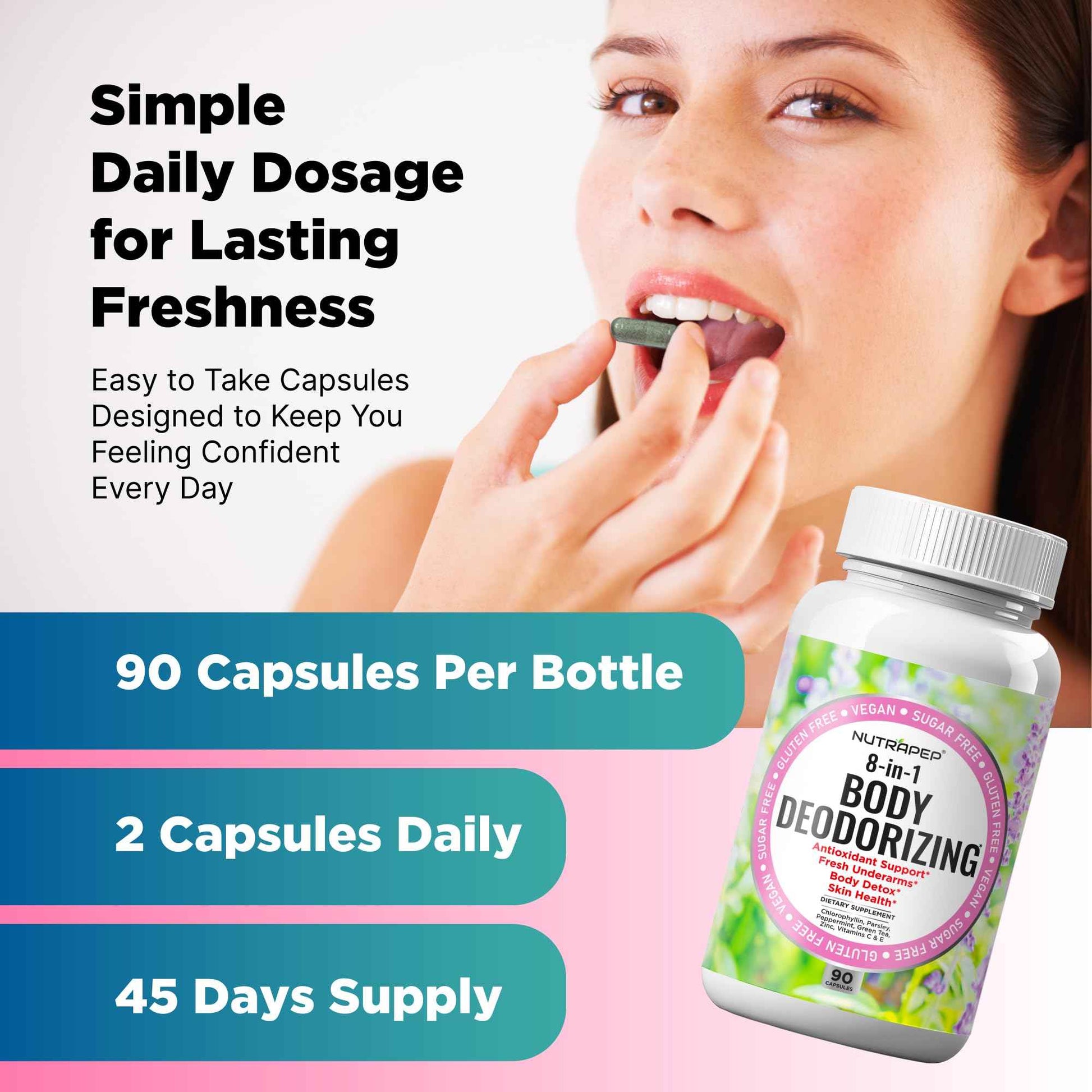 NutraPep Body Deodorizing Supplement - Odor Eliminator & Internal Deodorant Pills for Fresh Breath Skin Health & Detox - Full Body Deodorizer Capsules with Chlorophyll Complex Vitamins for Women Men