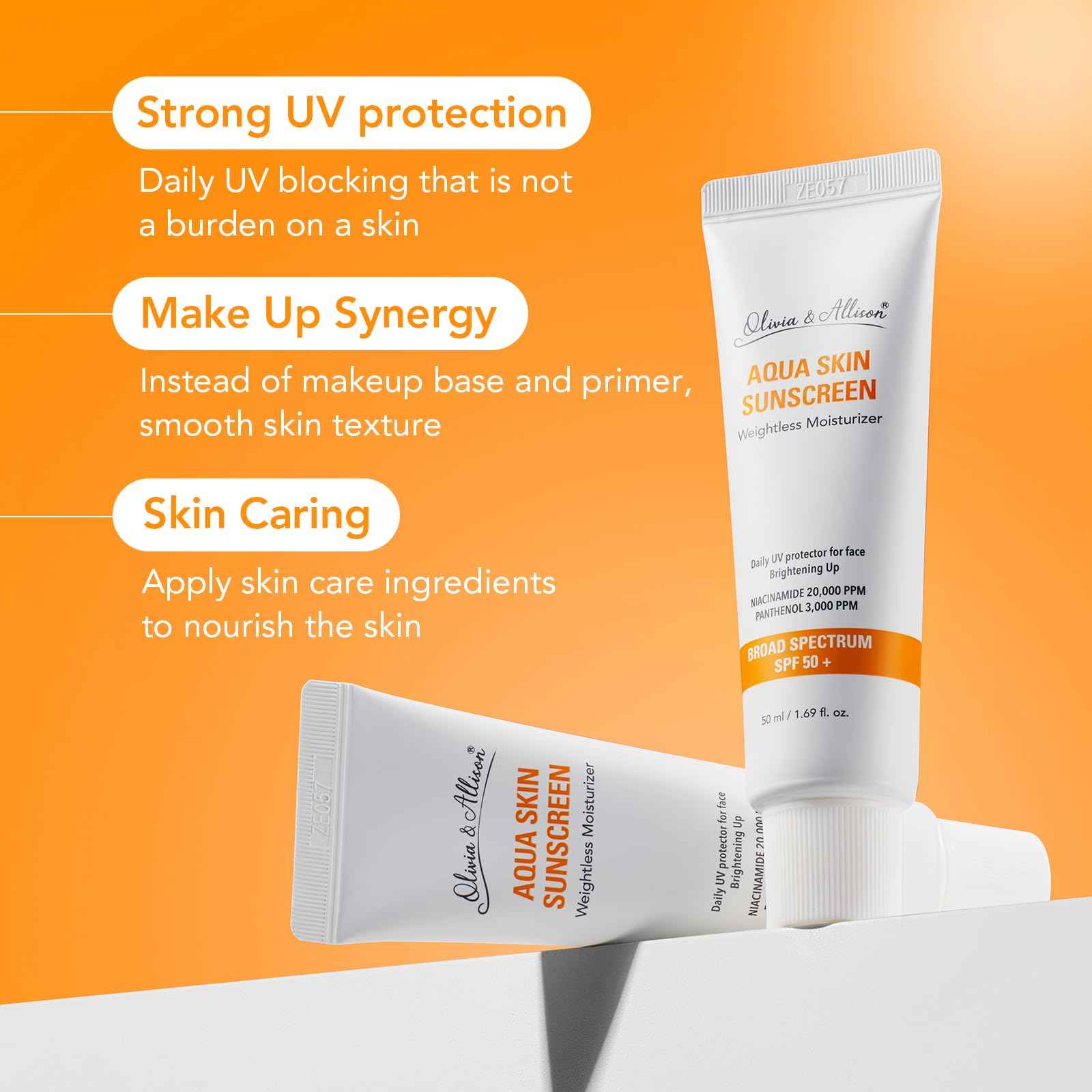 Olivia & Allison Aqua Sunscreen SPF 50+ PA++++ (1.69fl.oz) - Non-Sticky Korean Sunscreen, No White Cast & Invisible