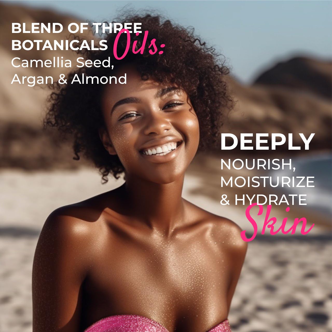 Natura Oceanía Argan oil with shimmer_for body and hair. Silky, lightweight, and illuminating oil with premium sweet and floral fragnance. Made in California