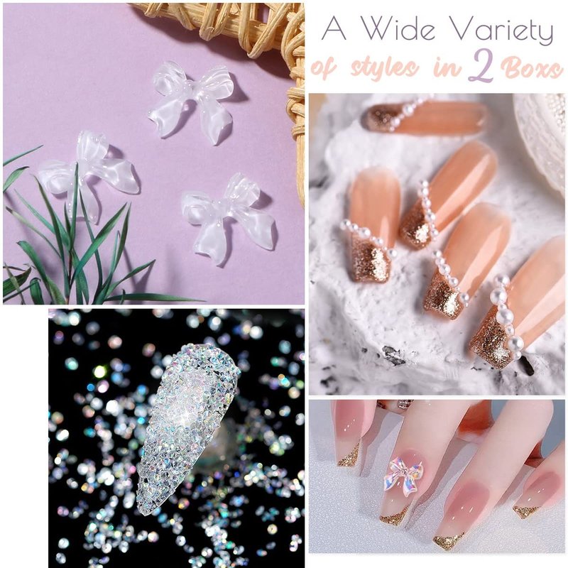 qiipii 2400pcs 3D Nail Art Kit Flower Nail Charms Resin Butterfly Bear Bow Charms White/Aurora Rose Golden Silver Metal Caviar Beads Half Pearls Rhinestones for Acrylic Nails Face Eyes Makeup Crafts