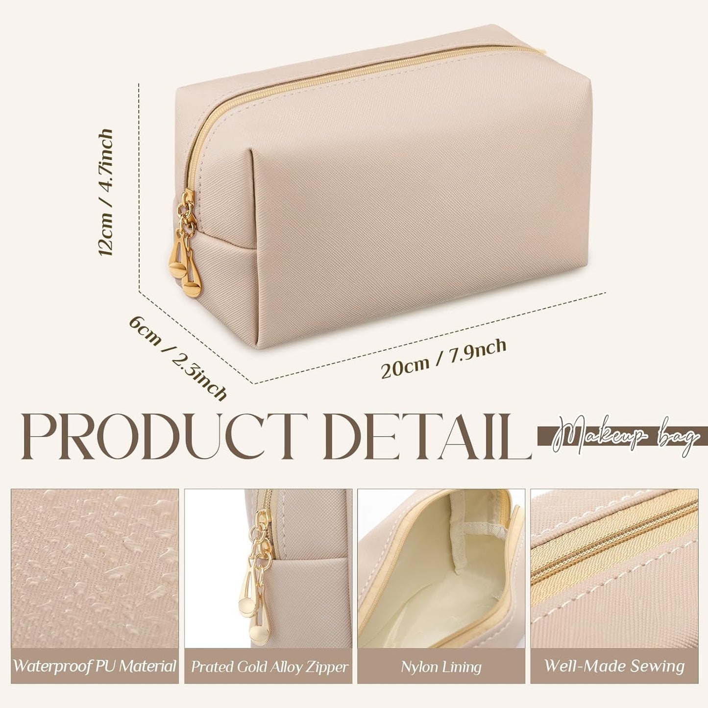 Aesthetic Makeup Bags - PU Leather Waterproof Cosmetic Pouches for Women | Travel Organizer (Nude, 7.1 x 2.8 x 4.3 in)