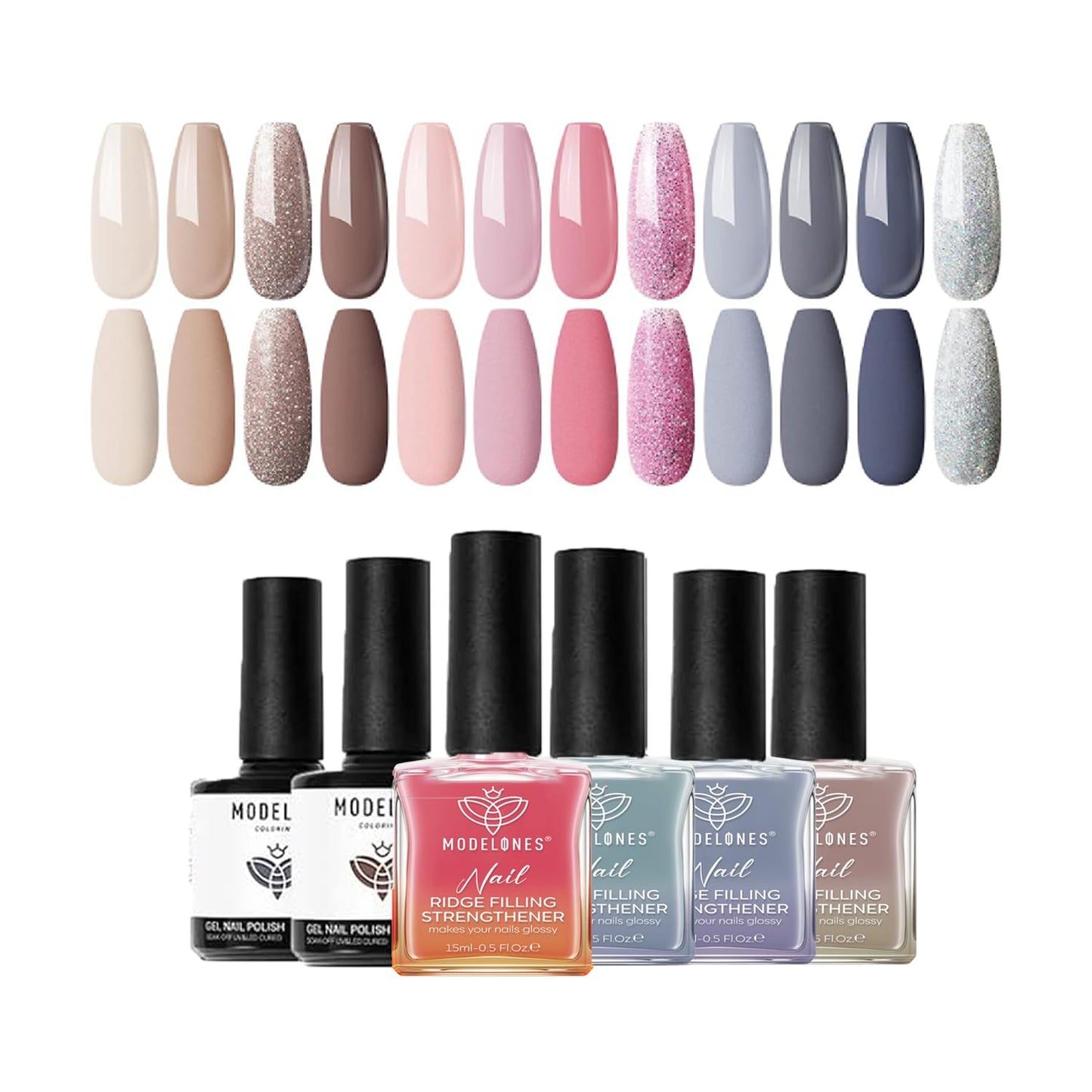 Modelones Nail Polish Set - 6 Quick Dry Colors | Milky White, Nude Pink, Iridescent Grey, Pearlescent Finish