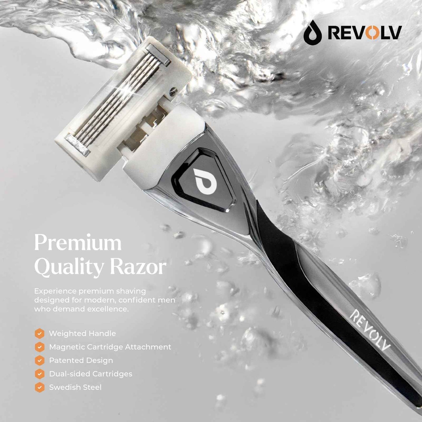 REVOLV - Men’s Razor - 1 Premium Weighted Handle + 1 Dual-Sided Cartridge + 1 Stand - For a Closer, Smoother Shave - Safe on Sensitive Skin - Black