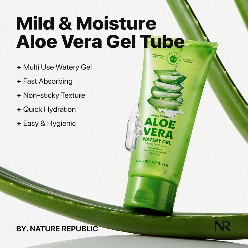 Nature Republic Mild & Moisture Aloe Vera Watery Gel (Tube 2 Pack) | Quick Hydration & Moisturizing, Fast-Absorbing Non-Sticky Texture, Aftersun Cooling Gel, Korean Skincare, All Skin Types