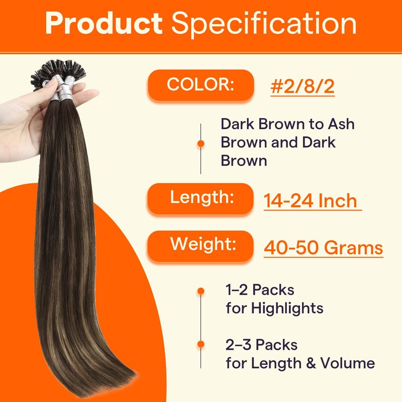 Full Shine U Tip Hair Extensions Real Human Hair 18 Inch Keratin Hair Extensions Utips Balayage Brown Fusion Extensions Natural Straight Remy Hair 50 Grams for Women