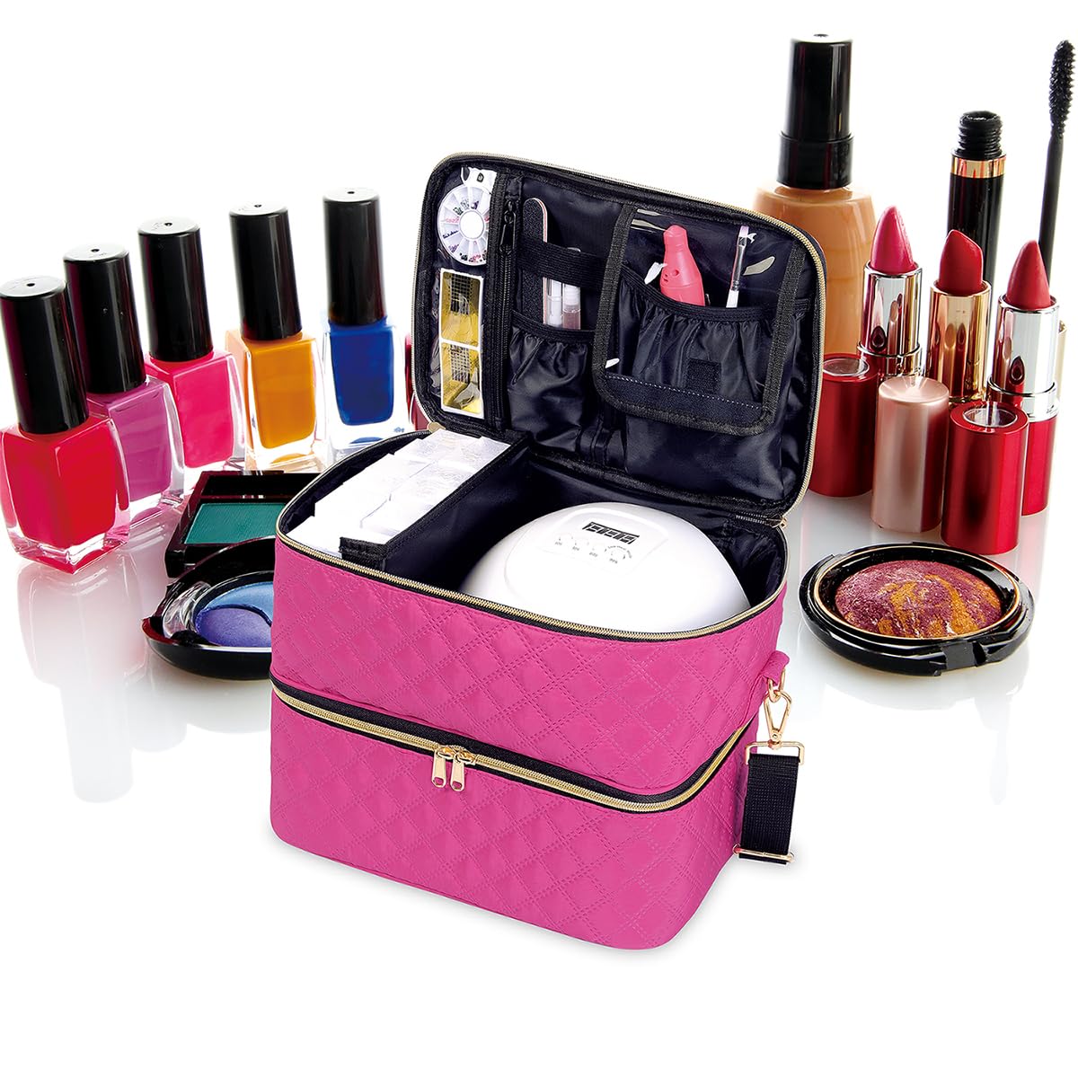 UOZL Nail Polish Organizer Case Holds 40 Bottles(15ml/0.5fl.oz) and Nail Lamp, Double Layer Nail Polish Storage with Adjustable Dividers,Portable Carrying Bag for Nail Kit, Manicure Tools Rose Red