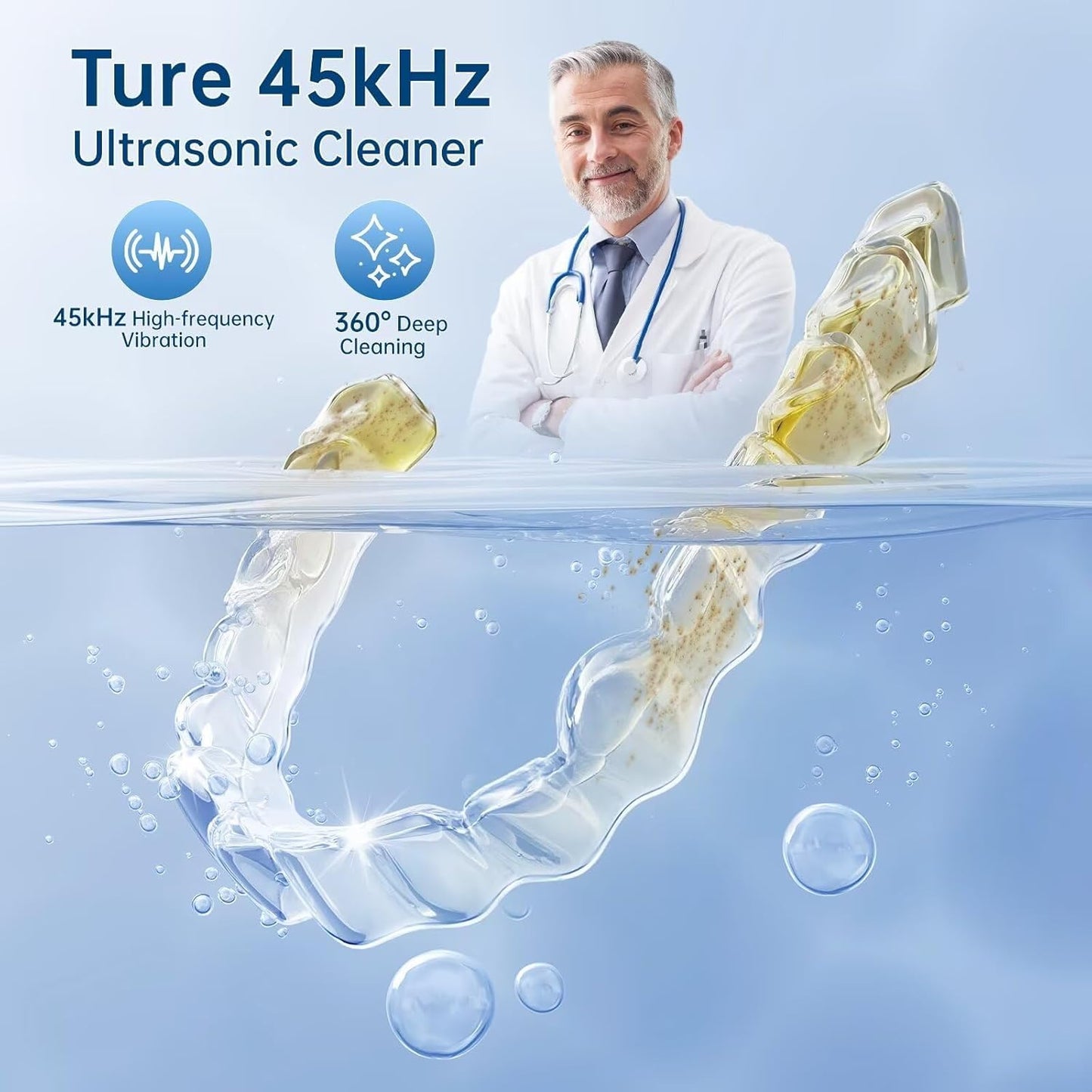 Ultrasonic Retainer Cleaner - 45kHz Dental Deep Cleaning Machine for Dentures, Aligners & Jewelry | 200ML Capacity, Timer 5/10/15 Mins