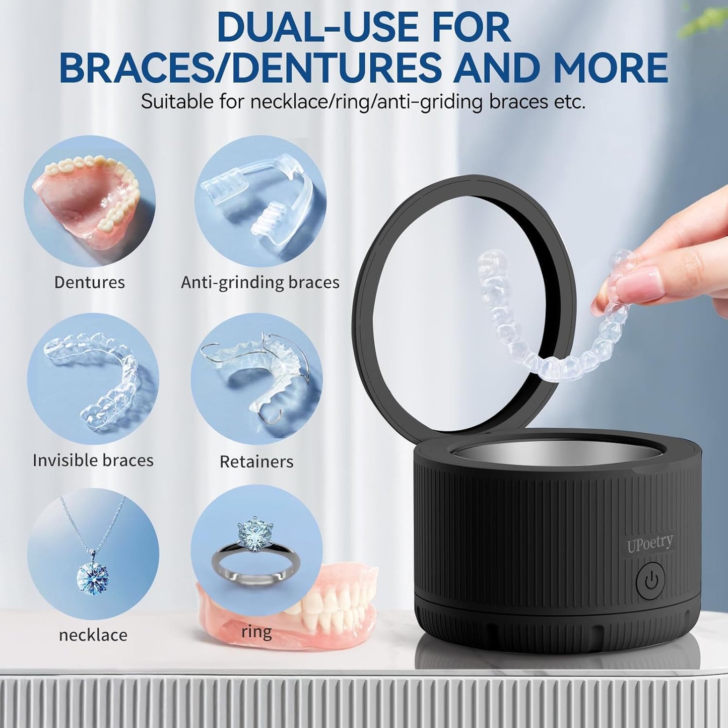 UPoetry Ultrasonic Retainer Cleaner - Dental Cleaning Pod for Braces, Dentures, Pacifiers, Mouth Guards, Jewelry & Toothbrush Heads, 150ml Portable Cleaning Machine (Without 12pcs Tablets Black)