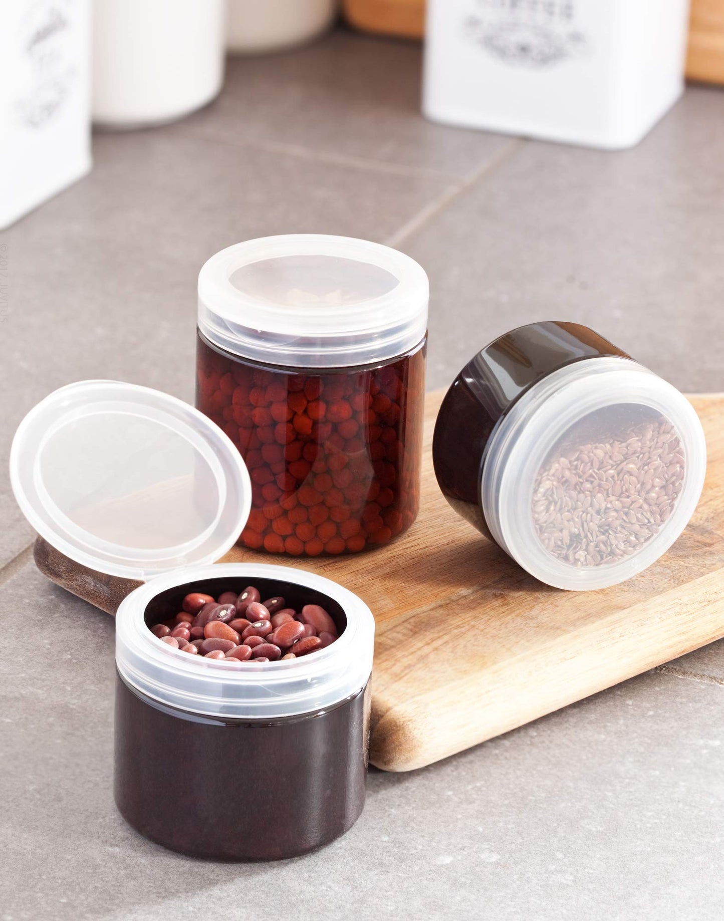 (12 pack) 4 oz Amber PET Plastic Low Profile Jar with Clear Natural Flip Top