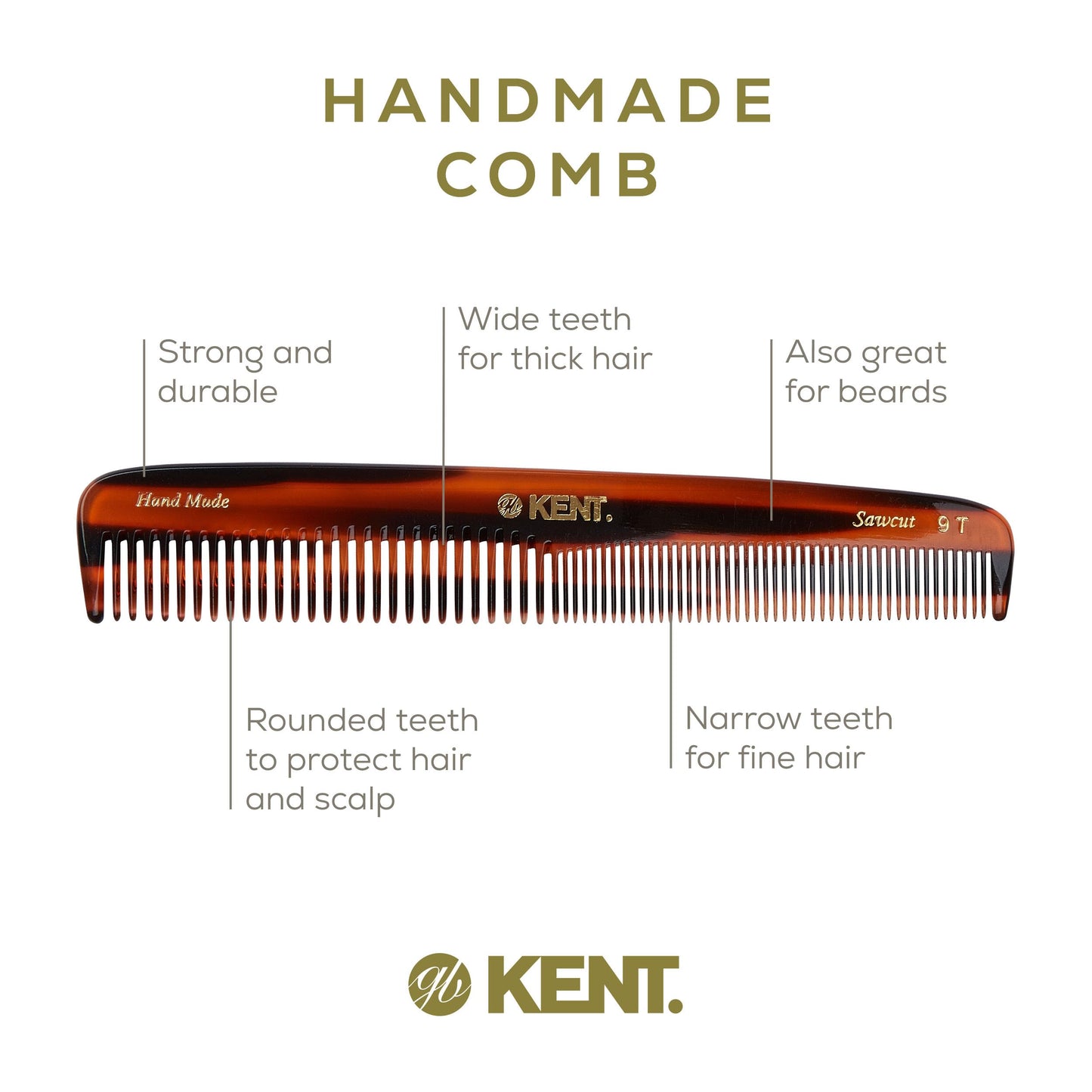 Kent 9T Tortoise Fine and Wide Tooth Comb Detangler - Large Handmade and Saw-Cut Dressing Combsw,for Wet and Dry, Hair Comb for Women and Durable Grooming Comb for Men Made in England