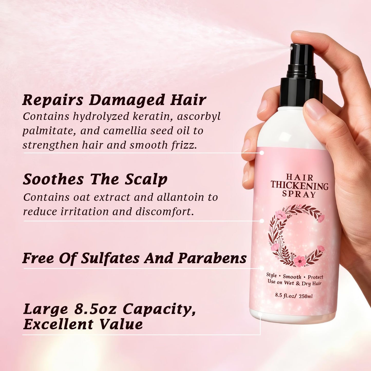 COSMTEK Hair Thickening & Volume Spray, Root Lifter for Fine Thin Hair, Instantly Thicker, Fuller, Keratin Repair Texturizing Spray for Women & Men - 8.5oz