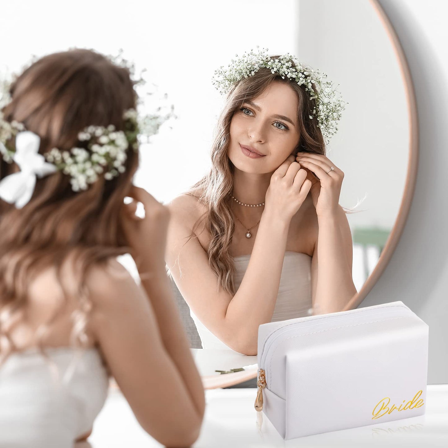 Hillban 6 Pcs PU Leather Bride Makeup Bag Cosmetic Bridesmaid Waterproof Toiletry Travel Bag Pouch Purse Gifts for Bridal Shower, Wedding, Engagement Gifts, Bachelorette Party(White, Ivory White)