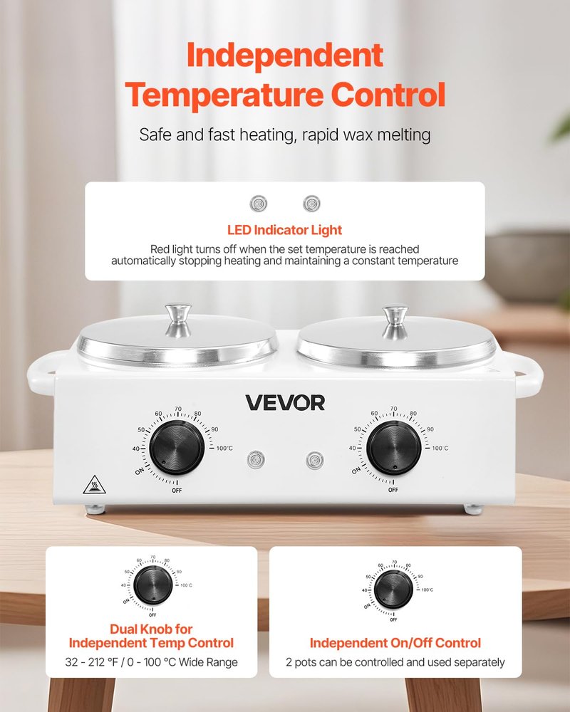 VEVOR Double Wax Warmer, 1200ML Professional Dual Wax Warmer for Hair Removal, 32 ℉ - 212℉ Adjustable Electric Waxing Heater Pot with 50PCS Waxing Sticks for Home Use, Beauty Salon, Spa