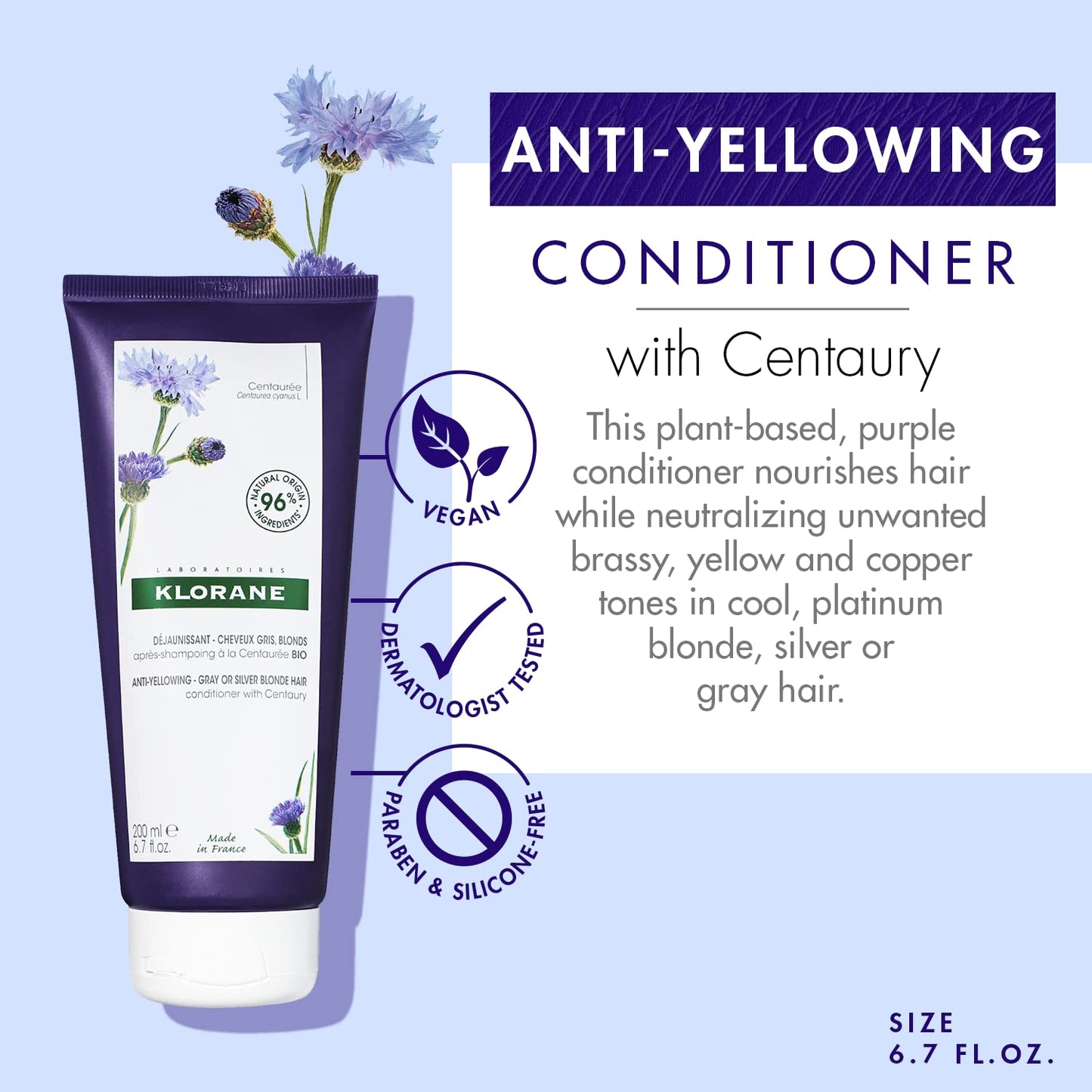 Klorane Plant-Based Purple Conditioner - Brightens Blonde & Gray Hair | 6.7 fl. oz.