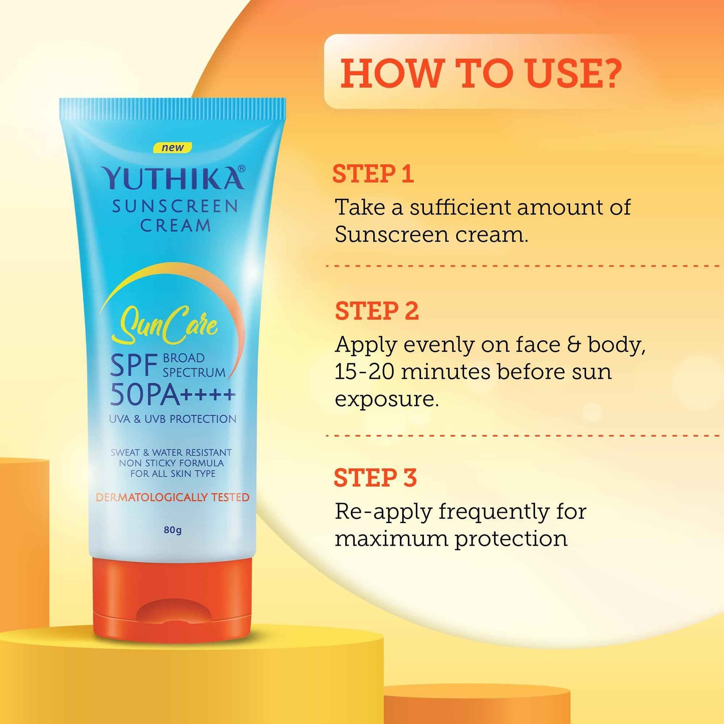 Yuthika Sunscreen SPF 50 PA++++ with UVA & UVB Protection 80g, Dermatologically Tested Sunscreen Cream for Women and Men