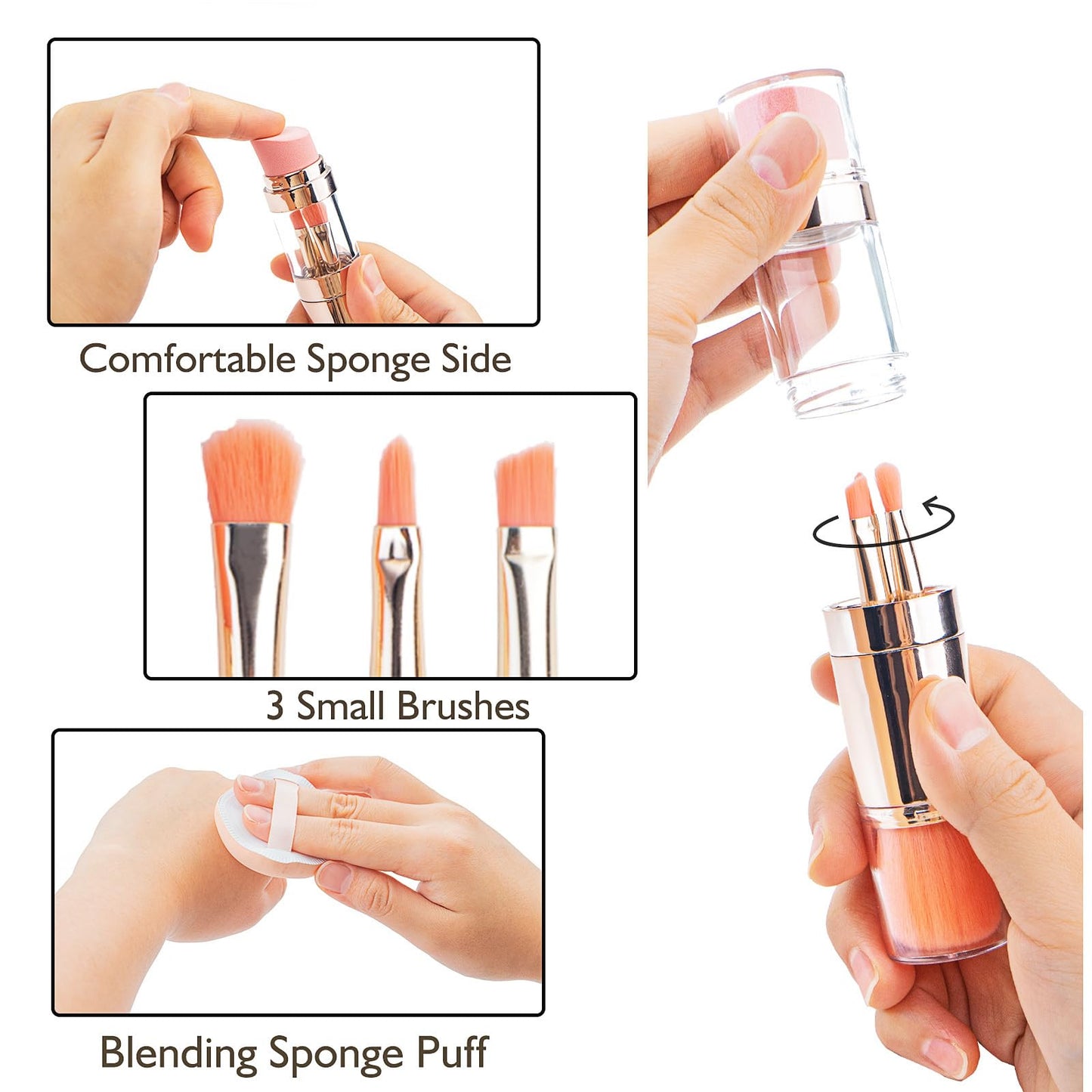 kullder Travel Makeup Brush 5 in 1 Makeup Brush set Blend Sponge Eyebrow Eyeshadow & Blush Brushes for Foundation Concealer Double Ended Makeup Brush with Powder Puff Ideal Womens Gifts