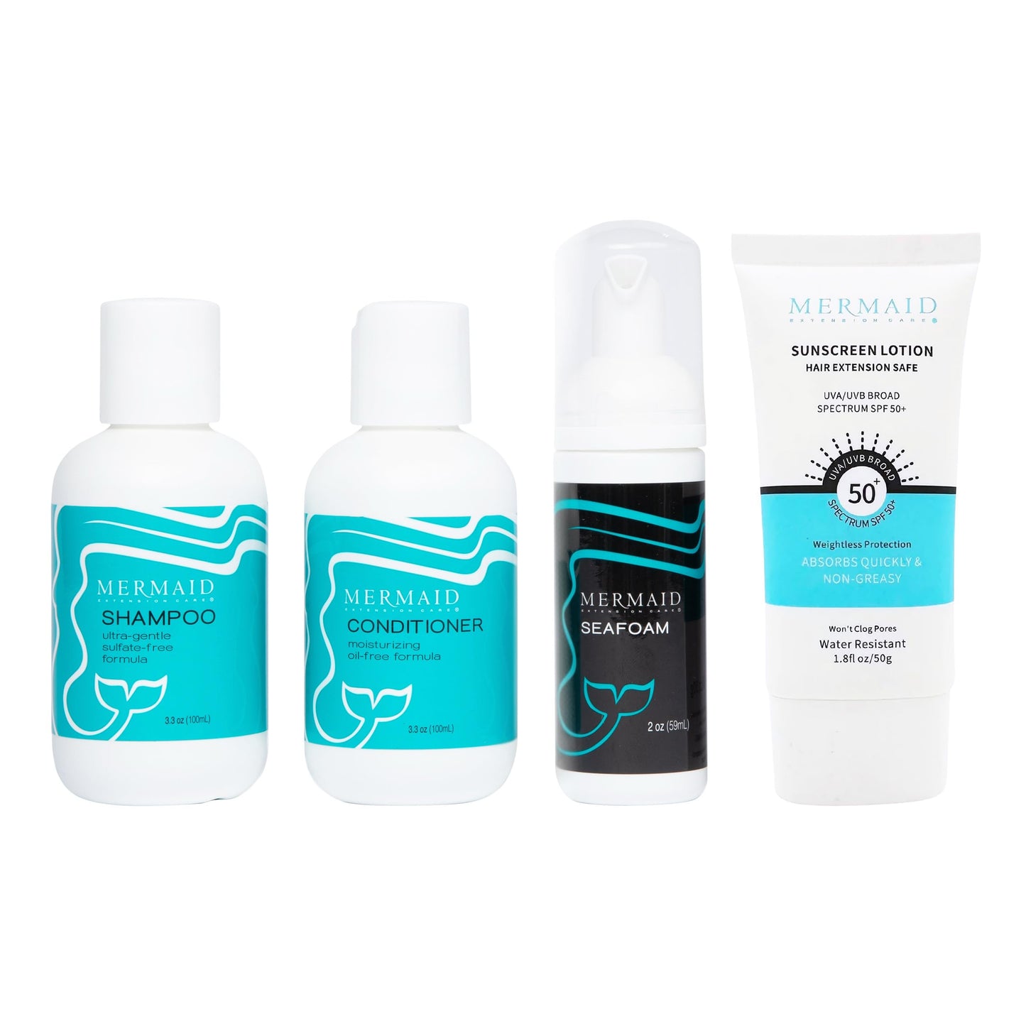 Mermaid Extension Care Travel Kit, 4 Piece Set with Extension-Safe Shampoo, Conditioner & Seafoam and Sunscreen