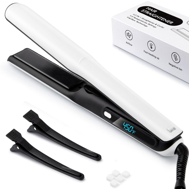 2 in 1 Professional Hair Straightener & Curler, Titanium Plates with Cool Air Fan, 3 Temp Settings (355℉-450℉), Negative Ion for Curly/Thick Hair, Essential Oil Diffuser, Clips & Aromatherapy Pads