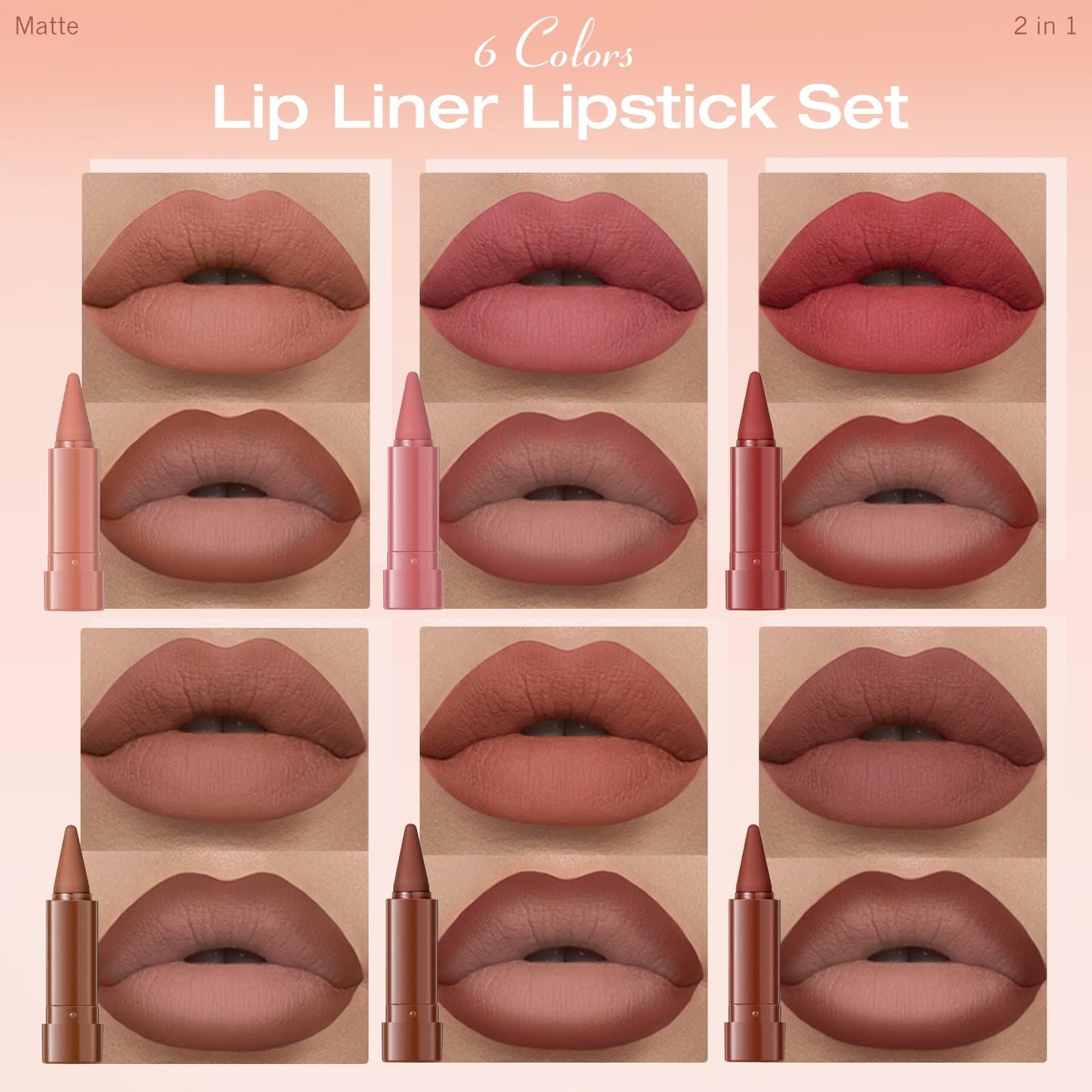 Wugbc Brown Lip Liner Set 6 Colors 2 in 1 Gradient Lip Liner and Lipstick Combo Long lasting Dark Brown Red Creamy Lip Pencil Contour Matte Lipstick for Women Smooth High Pigmented Crayon Cone Tip