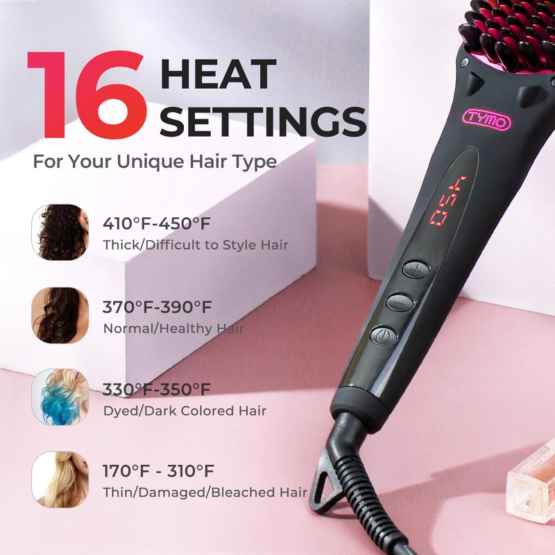 TYMO Ionic Hair Straightener Brush - One-Step Hair Straightener for Women, Straightening Brush with Negative Ions, 16 Temp Settings, LCD Display, Dual Voltage, Hot Comb Flat Iron for Frizz-Free Styles