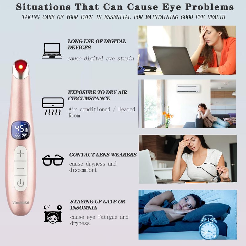 Vowleike Eye Lift Wand, 3 in 1 Vibrating 98°F to 113°F LCD Eye Massager for Dry Eyes, Dark Circles and Puffiness, Face & Neck Lifting Tool for Fine Lines and Wrinkles, Rose Gold