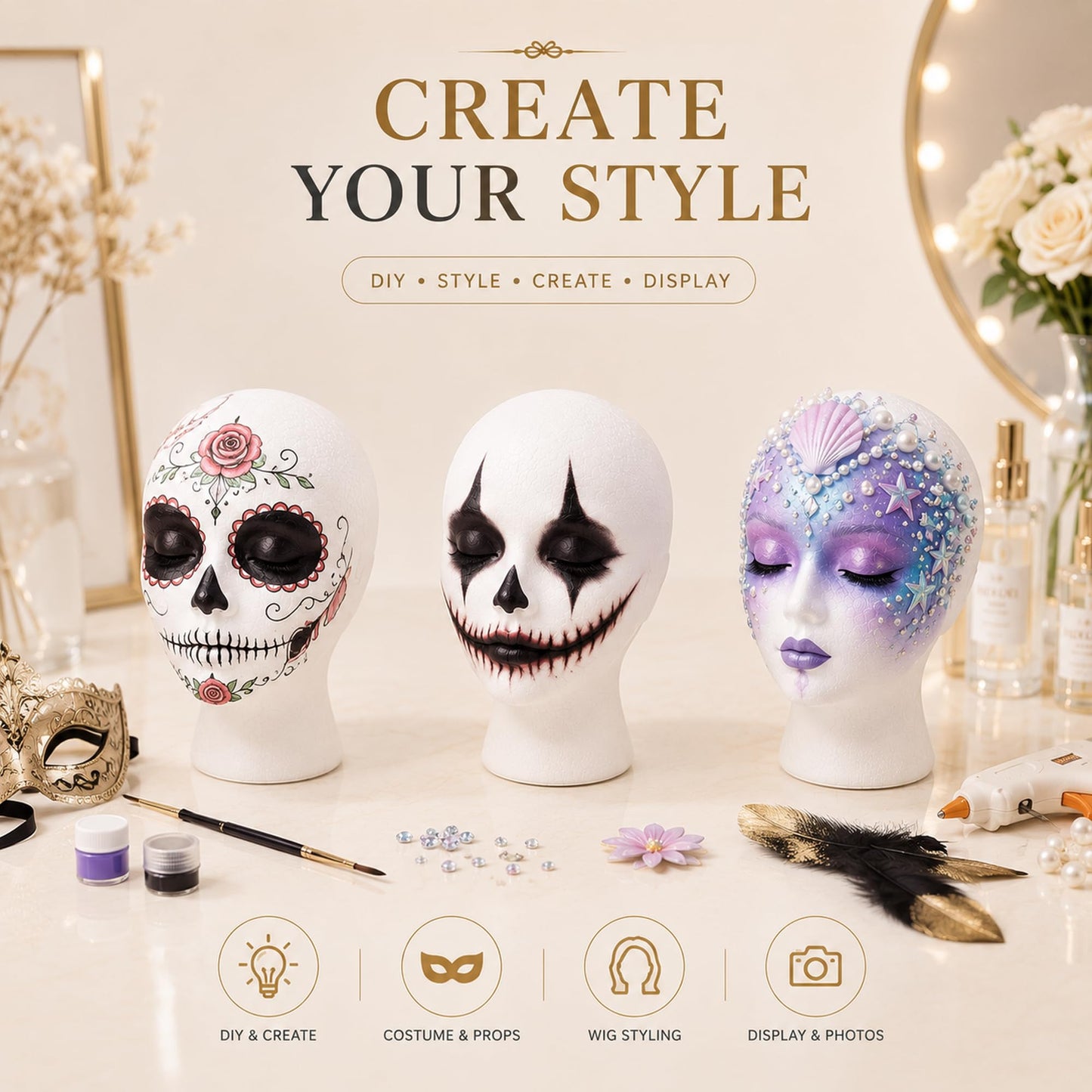 Smilco 11" 3 Pcs Wig Head - Tall Female Foam Mannequin Wig Stand and Holder for Style, Model And Display Hair, Hats and Hairpieces, Mask - for Home, Salon and Travel（3 Pieces）