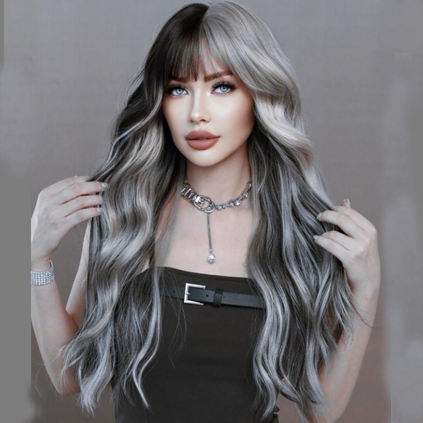 Grey Wig with Bangs - 26 Inch Long Wavy Synthetic Hair | Natural-Looking Heat-Resistant Style for Women
