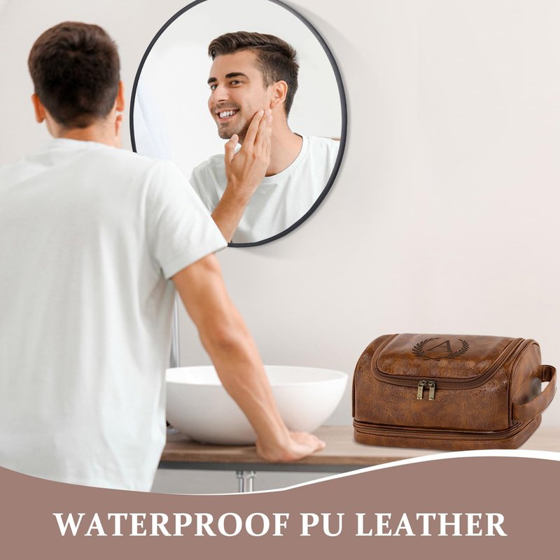 Aganmi Engraved Initial Travel Toiletry Bag 21st 30th 40th 50th 60th 70th 75th 80th Birthday Gifts for Men Him, PU Leather Shaving Bag Gift for Dad Husband Boyfriend Brother Grandpa, Light Brown D