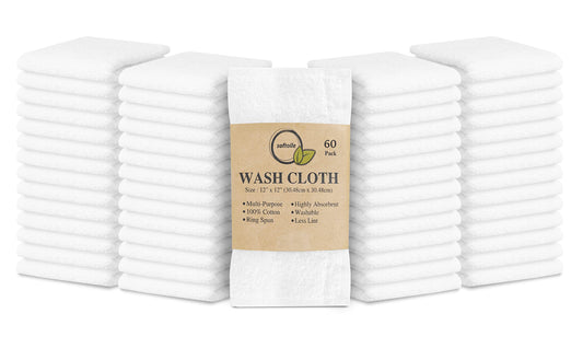 Softolle 100% Cotton Washcloths 60 Pack (12x12 Inches) Soft, Highly Absorbent Washcloth, Face Towels, Wash Cloths for Face, Ring Spun, Bulk Pack (White)