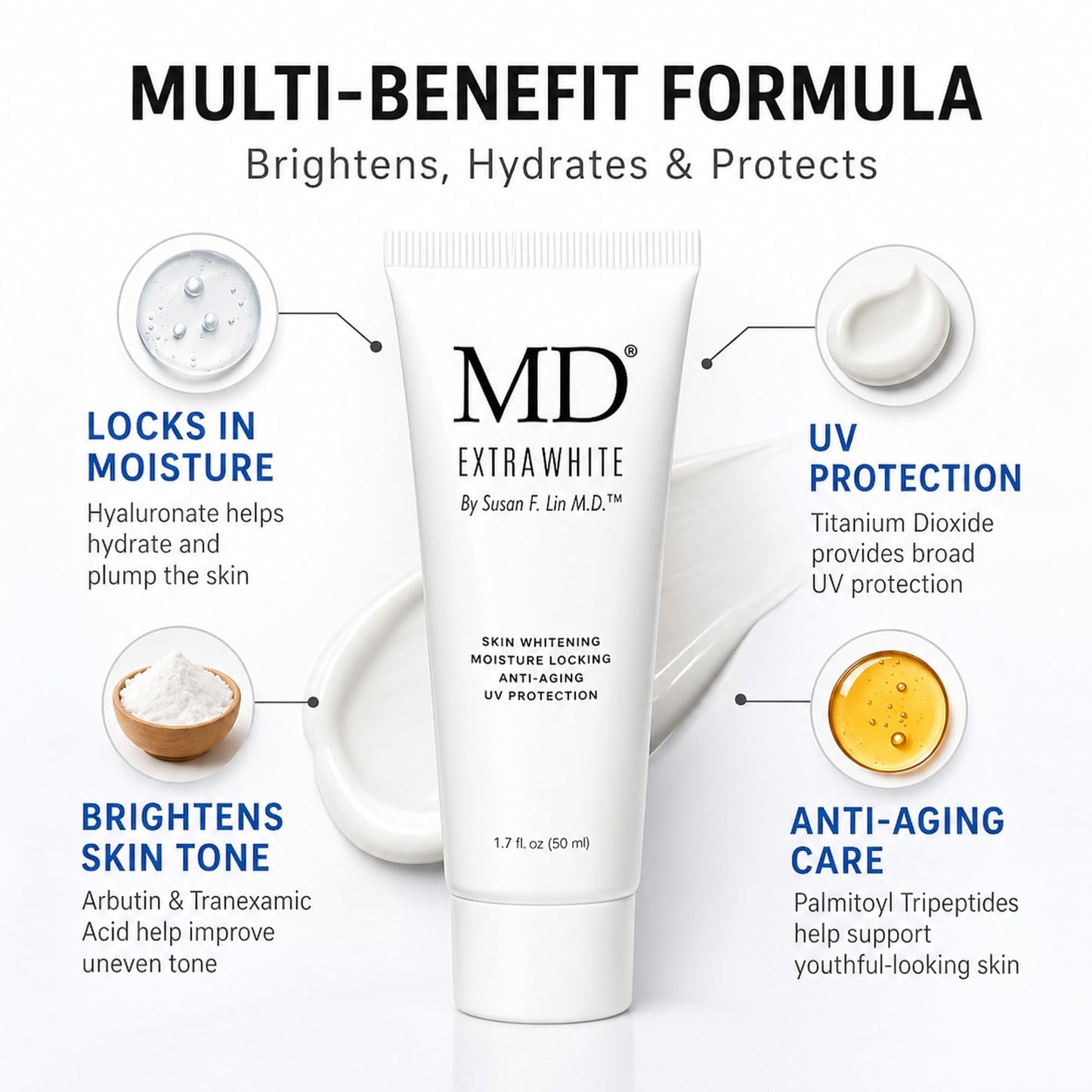 MD Extra White Skin Brightening Cream, Anti-Aging Moisturizer with UV Protection, 1.7 fl oz