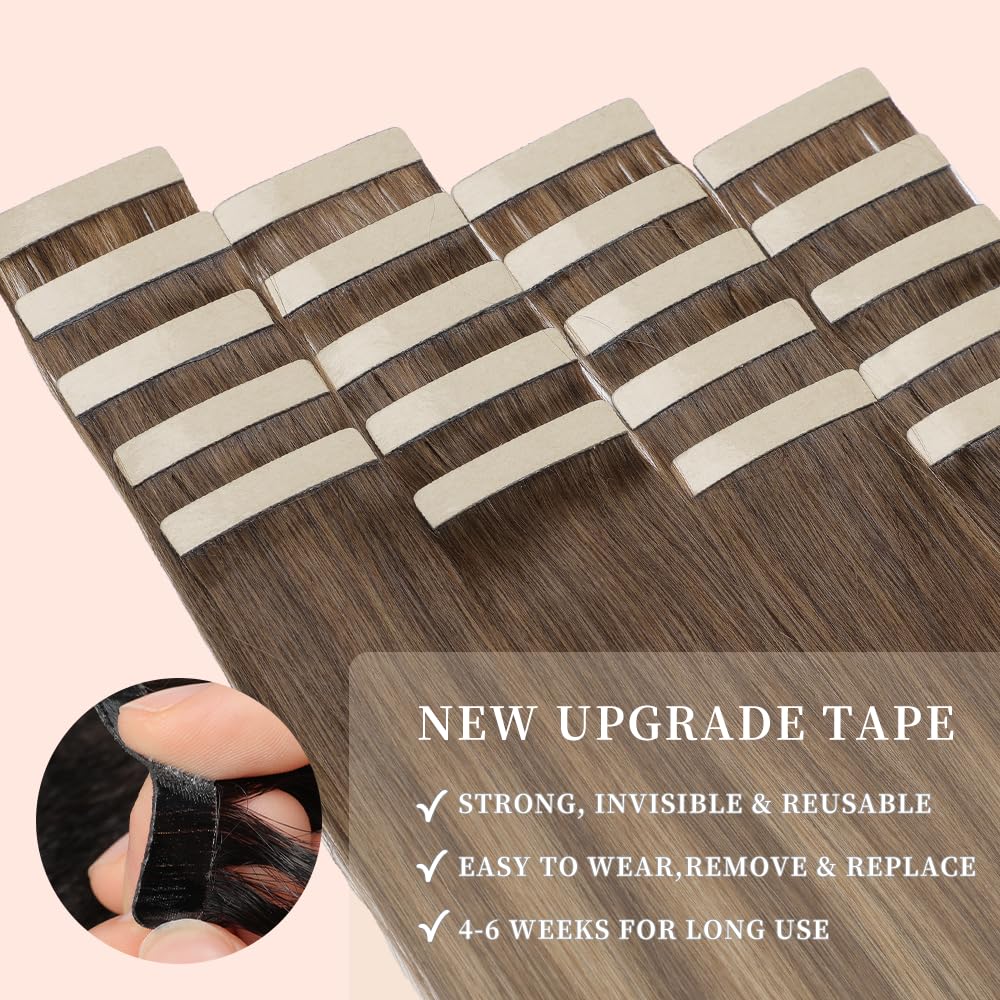 Tape in Hair Extensions Human Hair Chocolate Brown Mixed Honey Blonde Hair Extensions Real Human Hair 20pcs 14 Inch Straight Invisible Human Hair Tape in Extensions for Women (4/4/27#,14 Inch)