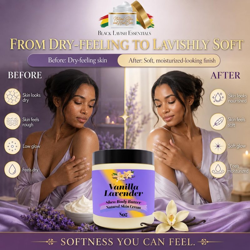 Ultra Soft Shea Body Butter Cream, Natural Hydrating Body Cream with Cocoa Butter, Mango Butter, Aloe Vera, Argan, Rosehip Oil, Moisturized Skin, Suits All Types (Vanilla Lavender, 8oz)
