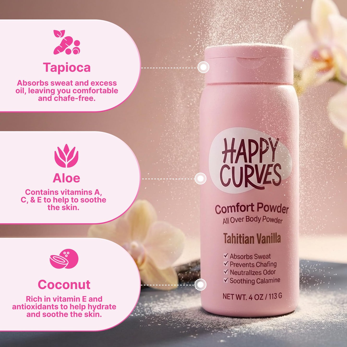 HAPPY CURVES Comfort Powder: Talc Free Anti Chafe Body & Foot Dusting Powder Deodorant for Inner Thigh Chafing, Private Areas, and All Over Body for Women 4oz (Pack of 1), Tahitian Vanilla